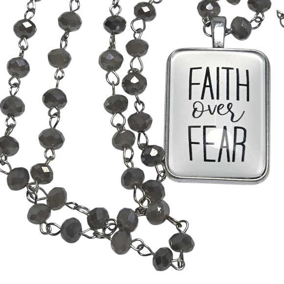 The Vintage Sparrow Faith Over Fear Gray Faceted Bead Silver Tone Necklace QVC - Picture 5 of 5